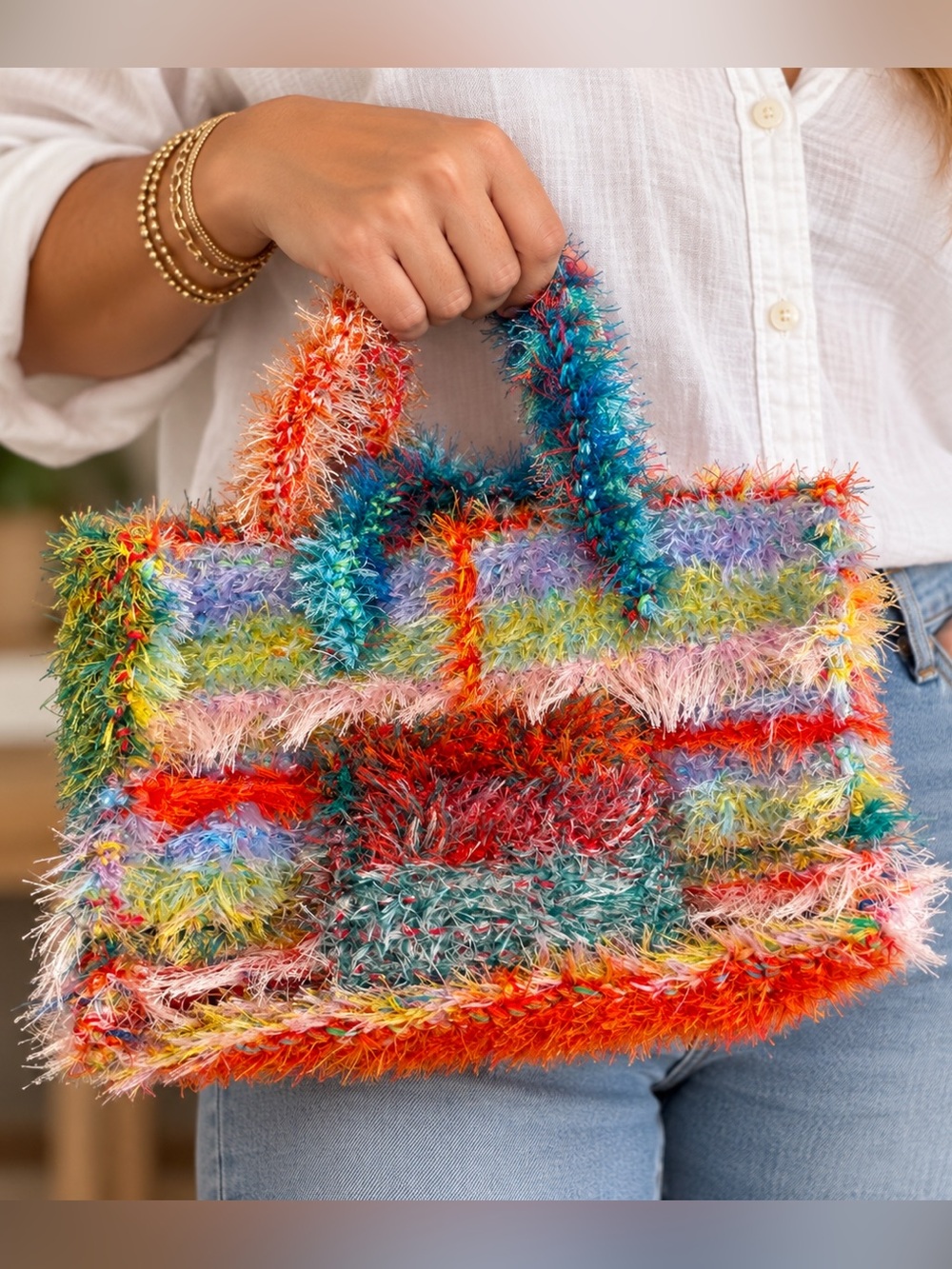 Colorful Faux Fur Crocheted Multicolor Handbag - Vibrant Rainbow Tote